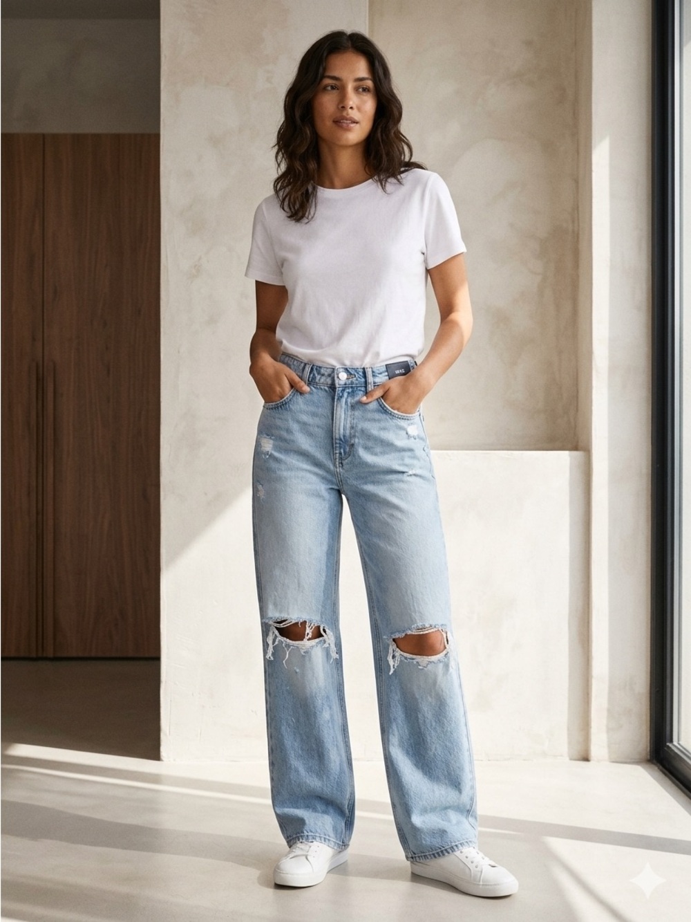 Mango Light Blue Distressed Wide-Leg Jeans- X small